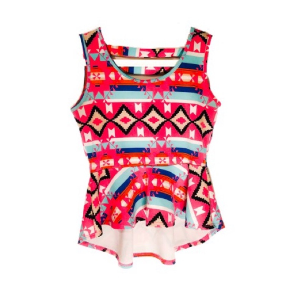 Aztec/Tribal Print Pink Peplum High-Low Blouse - L